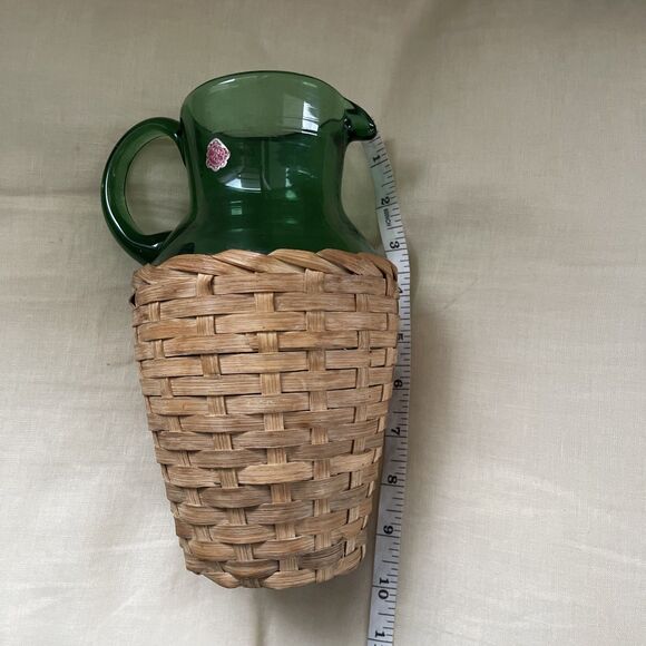 VTG Hand Blown Italy Green Glass Water Pitcher Jug Woven Wicker Basket Bottom